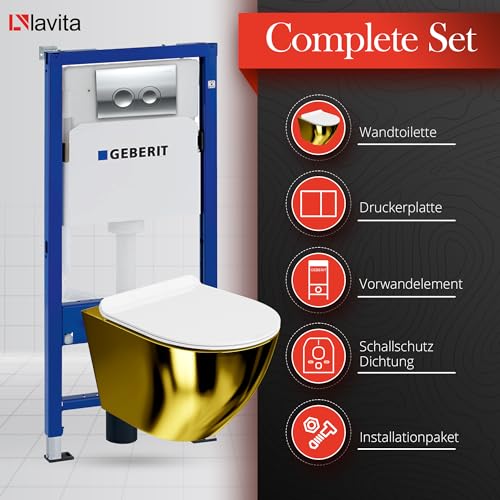 Lavita Duofix Basic Vorwandelement + Wand Tiefspül WC Sofi Slim Gold/Weiß Spülrandlos + WC Sitz + Bedienplatte Delta 25 Verchromt Knopf Komplettset Unterputz Spülkasten Toilette Komplett Sett WC – Bild 4