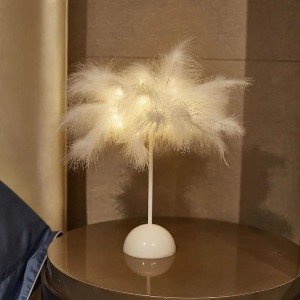 HEBEOT Feather Table Lamp Feather Decor Bedside Light Feather Table Lamp Bedside Table Light for Bedrooms, Study Rooms, Living Rooms 9 * 21.8cm(White)