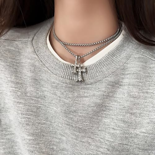 Gothic Double Cross Necklace Silver Plated Goth Vintage Necklace Y2K Long Dainty Cross Choker Necklace for Women Men Silver Non Tarnish Chrome Punk Heart Chain Link 2000s Jewelry3