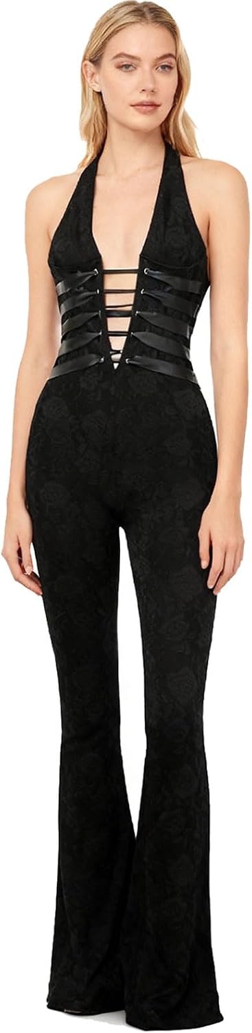 MXVPY Women Sheer Mesh Lace Jumpsuit Sexy Sleeveless See Through Hollow Out Bodycon Jumpsuits One Piece Club Party Romper