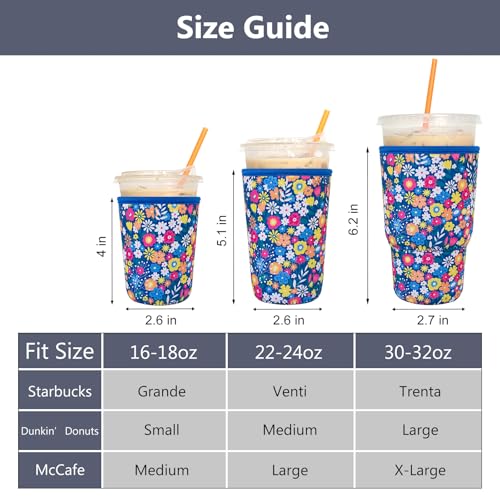 Image of 3 Pack Reusable Iced Coffee Sleeves - Xumbtvs Insulator Sleeve for Cold Beverages, Neoprene Coffee Cup Holder (Floral 01)