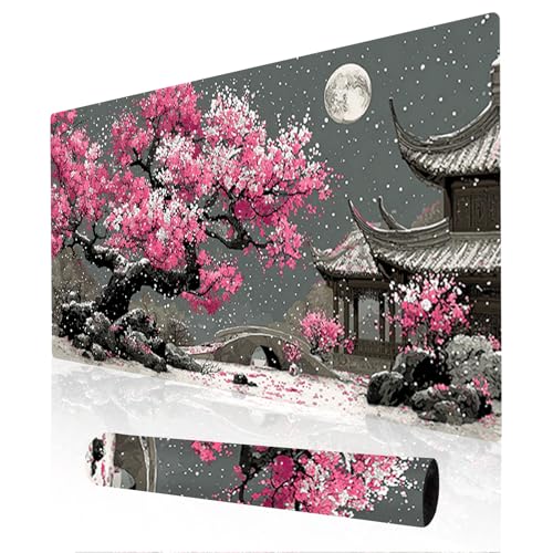 Image of Nuxovilar Professional Large Mouse Pad & Computer Game Mouse Mat (35.4x15.7IN, Japanese Cherry Blossom & Moon Art) (90 * 40cm Japanese Cherry Blossom)