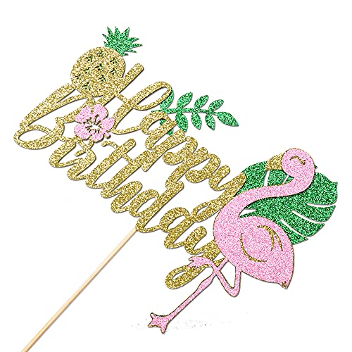 Artczlay Golden Glitter Happy Birthday Cake Topper, Flamingo Palm Leaf Pineapple Cake Topper, Hawaii Theme Birthday Party Supplies #TOP4
