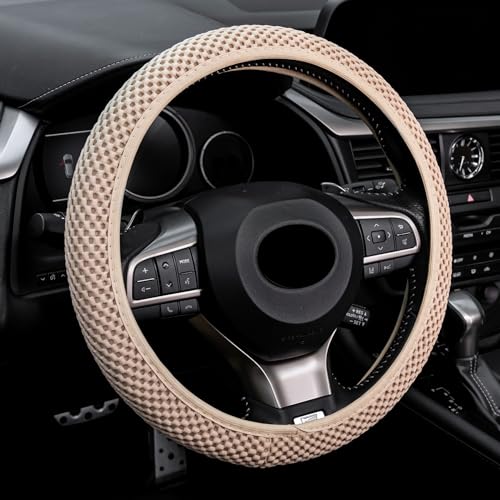 Alpmosn Elastic Stretch Steering Wheel Cover, Breathable Microfiber Ice Silk, Anti-Slip, Car Interior Accessories Fits for 14'-15' Steering Wheel Covers for Women & Men(Beige)