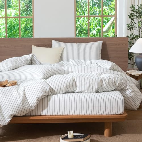 Image of MooMee Striped Duvet Cover Set 100% Washed Cotton Linen Like Oversized King | Relaxed Linen-like Texture. Soft, Breathable & Long-lasting Comfort. Lightweight. Hidden Zipper with 8 Interior Corner Ties