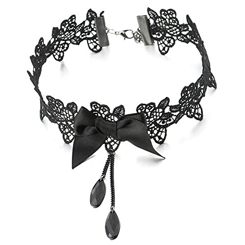 COOLSTEELANDBEYOND Gothic Victorian Nostalgic Women Black Lace Bow Choker Necklace with Black Chain Beads Charm Pendant