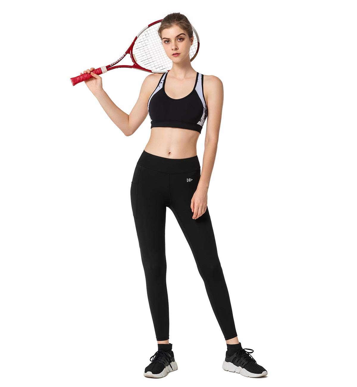 Yvette Damen Racerback High Impact Sport-BH mit Gesäßtasche, Lauf- und Workout-BH - Schwarz - M+
