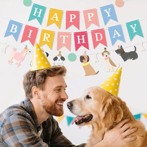 Image of Dog Happy Birthday Banner, Dog Themed Birthday Decoration, Colorful Dogs Party Decorations with Dogs Garlands Banner for Pet Puppy Birthday Party Supplies