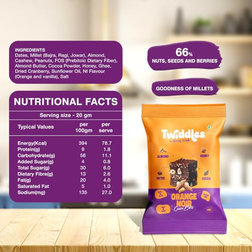 Image of Twiddles Mini Snack Bar Chocolate Orange Belgian Bites , Pack of 12 | Energy Bites | Vegan | Gluten-Free | Millets | Cashew | Natural | Superfood | Healthy Chocolate | 80 Calories | Dates burfi made with Dry fruits & millets