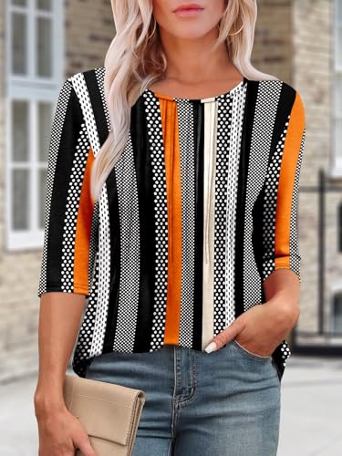 KISSMODA Tunic Tops for Women Loose Fit Dressy Round Neck Pleated 3/4 Length Sleeve Spring Tops