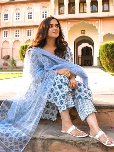 Image of Pinkmint Women Hand Block Printed Kurta and Palazzo Set with Dupatta