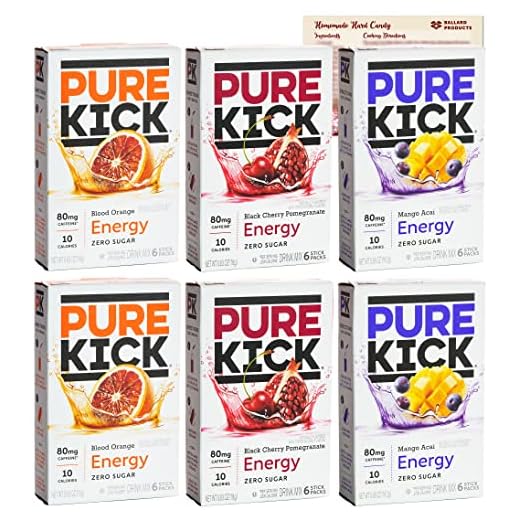 Pure Kick Energy Drink Mix Packets With Caffeine - Variety Pack | 3 Flavors - 2 Boxes Each | Mango Acai, Blood Orange, Black Cherry Pomegranate | Bundled with Ballard Hard Candy Recipe Card