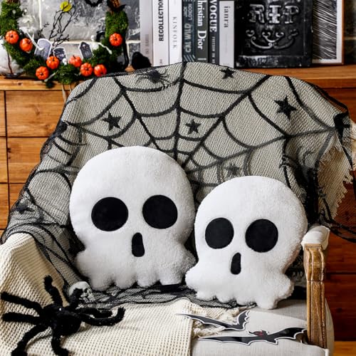Wonderjune 2 Pcs Skull Skeleton Pillows Decorative Skull Throw Pillows for Sofa Bed Couch Stuffed Gothic Party Outdoor Home Decorations Christmas Halloween Skeleton Decor Cushion (14 Inch and 12 Inch)