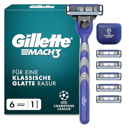 Gillette Mach3 Standard Rasierer Herren, UEFA Champions League Special Edition — Inkl. 1 Nassrasierer, Reiseschutzkappe, 6 Ersatzklingen mit Gleitstreifen und Klingenbeschichtung — Blau/Grau 1