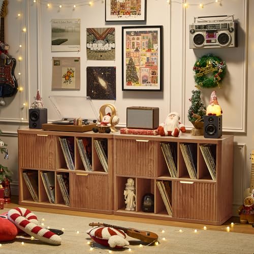 Image of LEYAOYAO Large Record Player Stand with Vinyl Storage Up to 450 Albums, Wood Fluted Boho Record Storage Accent Cabinet, Modern Stereo Media Cabinets, Wide Turntable Stand for Living Room, Tea Brown