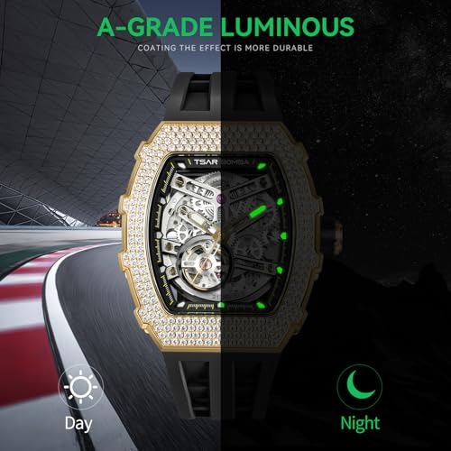 Image of TSAR BOMBA Men's Automatic Watch Tonneau Luxury Skeleton Watches for Men Mechanical 50M Waterproof Analogue Watches Mens Unique Cool Square Big Face Dial Wristwatch with Silicone Strap Band