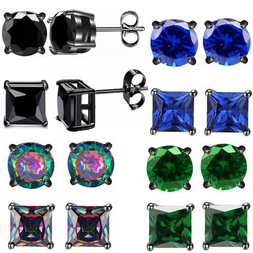 2 Pairs Hypoallergenic Mens Black CZ Stud Earrings Stainless Steel Princess Square Cut Cubic Zirconia Earring Studs for Sensitive Ears 6mm3