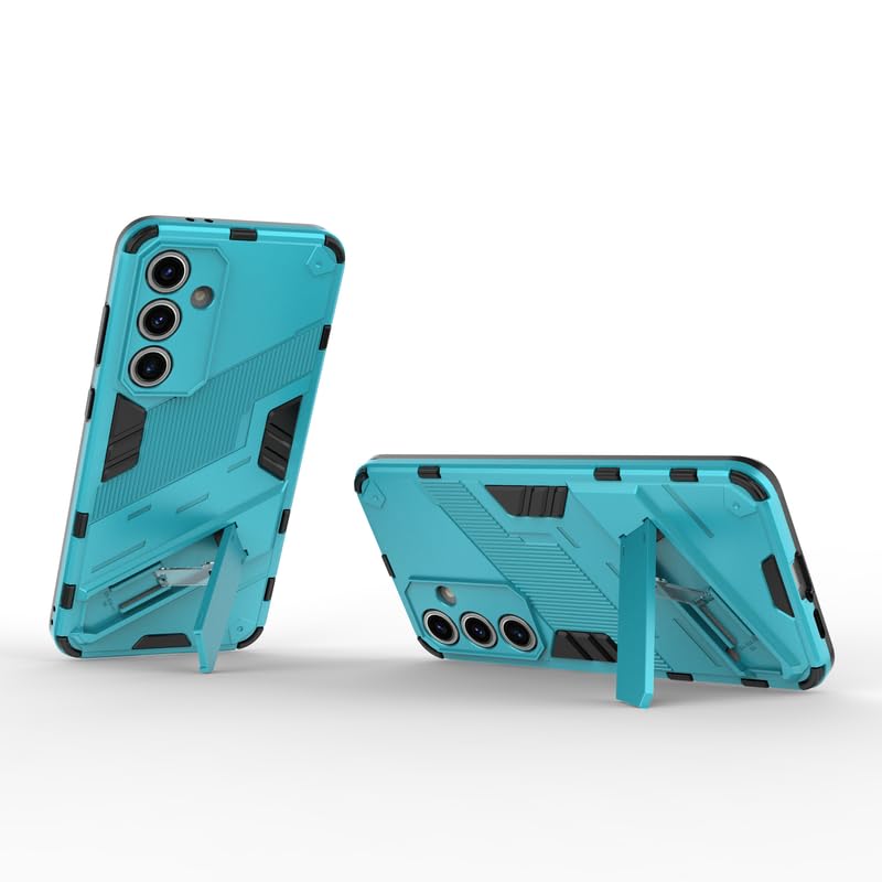 Image of Casodon Rugged Hard Back Case Cover for Samsung Galaxy S24 FE - Military-Grade Armor with Screen & Camera Guard, Dual-Layer Shockproof Design, Raised Edges, and Built-in Kickstand - Cyan Blue