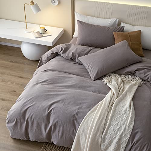Jiyuan 100% Washed Cotton Duvet Cover Set Comfy Simple Style Solid Color Soft Breathable Textured Durable Linen Feel Bedding Sets For All Seasons Queen Size, Mauve Brown #TOP1