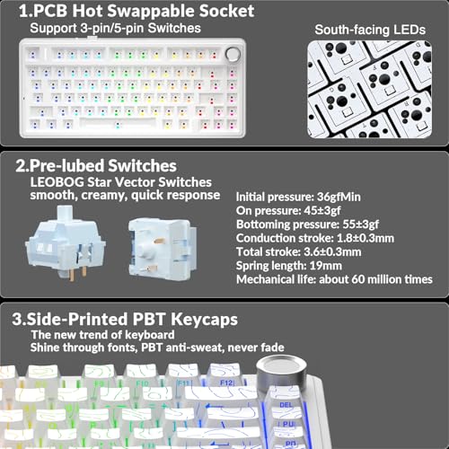 Image of AULA F75 Pro Wireless Mechanical Keyboard with Knob,75% Hot Swappable Custom Gaming Keyboards,RGB Backlit,Pre-lubed Switches,Side Printed PBT Keycaps Creamy Sounding Computer Keyboard, Line White