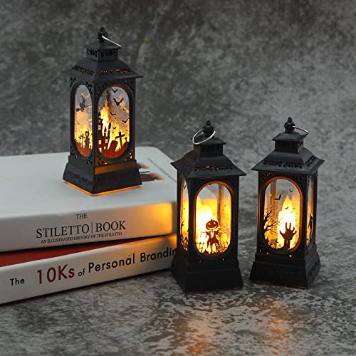 3 Piezas Linterna de Llama de Halloween, Lámpara LED retro de Halloween, Pequeñas lámparas colgantes de plástico con Calabaza mano fantasma Castillo para regalos de decoración de fiestas (A)