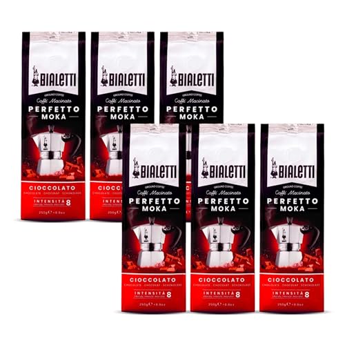 Bialetti - Perfetto Moka Cioccolato: Gemahlener Kaffee mit mittlerer Röstung, Schokoladenaroma, 250g x 6, Beutel mit Aromaventil 1