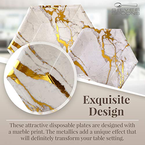 Silver Spoons Marble Design Paper Plates | Hexagon Dinner Plates | Fancy Wedding Plates | Marble Collection | 10.25" | 18 Pc | Gold #TOP2