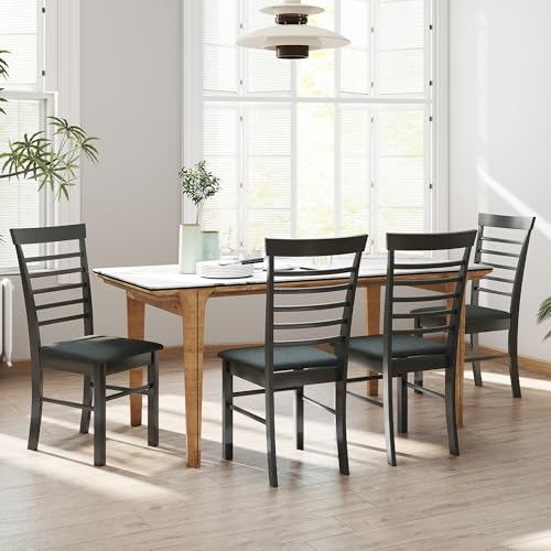 HOMCOM Wooden Dining Chairs Set of 4, Farmhouse Upholstered Kitchen Chairs with Rubber Wood Frame for Living Room, Dining Room, Black and Gray