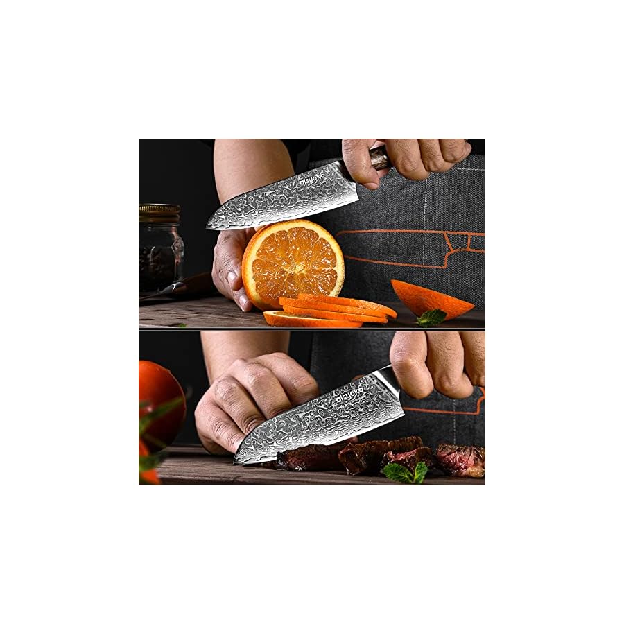 aisyoko Santoku Knife 5 inches-Japan VG-10 Super Steel 67 Layer Damascus Steel-Sharp Kitchen Knife-Luxury Gift Box with Colored Wooden Handle-With Scabbard