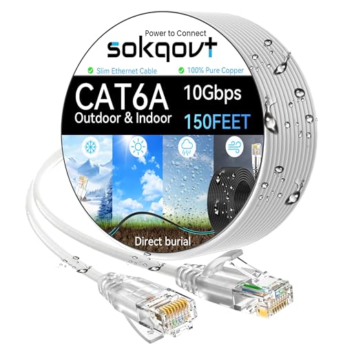 Cat6a Ethernet Cable Slim 150ft Outdoor&Indoor, 28AWG Pure Copper Cat6 Internet Cable for Waterproof & Direct Burial, Flexible Cat6 Ethernet Cable 10G 550MHZ, Cat 6 Network cable for Indoor White