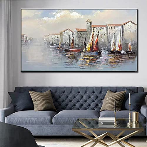 Peinture à l'huile abstraite de voilier océan bleu 70x140 cm toile peinte à la main
