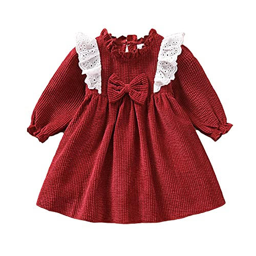 Alunsito Vestido de lazo de color sólido para bebé y niña pequeña, cuello redondo, manga larga, otoño invierno, para niñas, rojo, 6 a 9 meses Cover