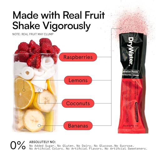 Image of DryWater Electrolyte + Vitamin Hydration Powder Packets, Raspberry Lemon (Stevia-Free), 1,000mg Potassium, Real Organic Fruit, NSF Certified Sport, Nothing Artificial, No Added Sugar (12 Stick Packs)