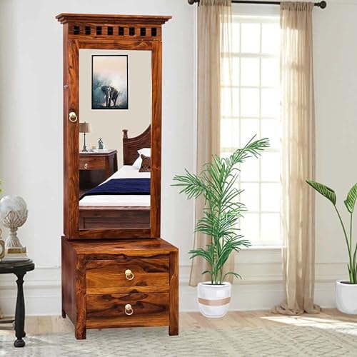 Image of Solid Sheesham Wooden Dressing Table | with 2 Drawers Storage Organizer | Makeup Vanity with Mirror | Storage Shelves, Bangle Holder for Bedroom & Living Room Assembled [Honey Finish]