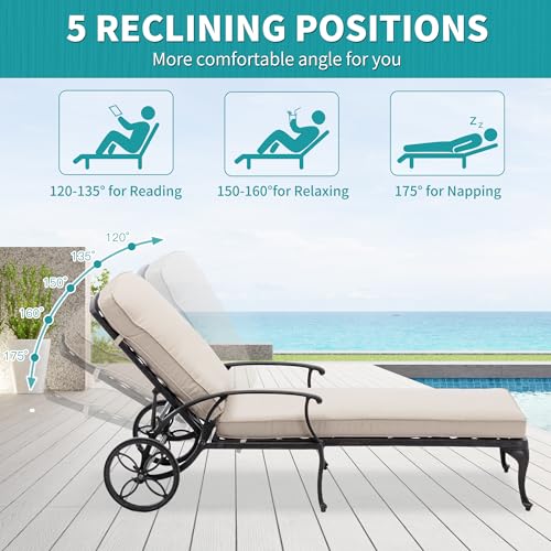 HOMEFUN Chaise Lounge Chair Outdoor - Poolside Chairs Set of 2 with Cushion and 1 Patio Side Table Cast Aluminum Waterproof Lounger with Wheels and Adjustable Reclining (Beige Cushion) - Thumbnail 3