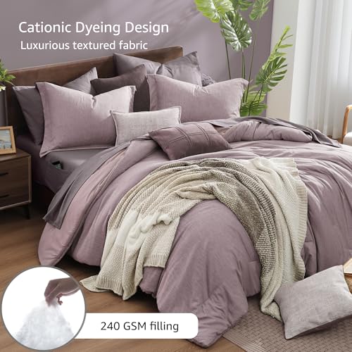 Monbix Queen Comforter Set - 7 Pieces Cationic Dyeing Lilac Bed in a Bag Queen Bedding Sets with Comforter, Sheets, Pillowcases & Shams, Reversible Bedding Comforters Sets