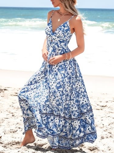 CUPSHE Summer Dress for Women V Neck Sleeveless Floral Cutout Smocked Ruffled Maxi Formal Beach Dress3