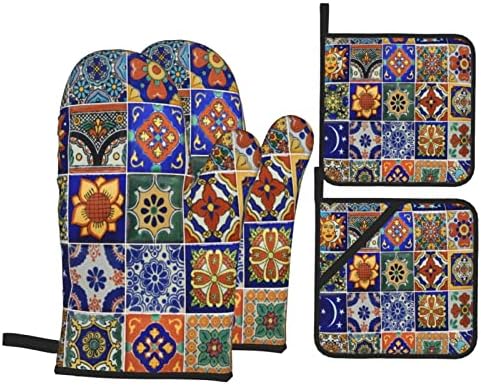 Hippie Talavera Mexican Tiles Indian Oven Mitts and Pot Holders Set of 4, Oven Mittens and Potholders Heat Resistant Gloves for Kitchen Cooking Baking Grilling BBQ
