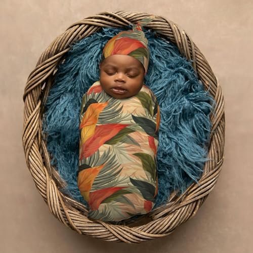 Image of Modern Desert Leaf Newborn Swaddle Blankets Hat Sets Soft Baby Receiving Blanket Swaddle Sack for Baby Shower Infant Boy Girl Gift
