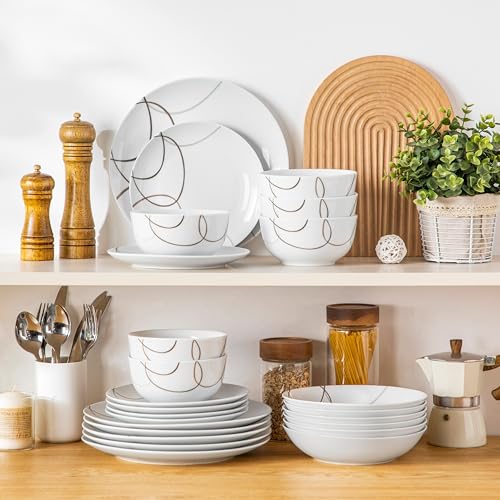 VEWEET-24-Pieces-Dinnerware-Sets-for-6-Porcelain-Plates-and-Bowls-Set-with-Brown-Lines-Classic-Dishes-Set-Dining-Ware-for-Dinner-Microwave-and-Dishwasher-Safe-Series-NIKITA VEWEET 24 Pieces Dinnerware Sets for 6 Porcelain Plates and Bowls Set with Brown Lines Classic Dishes Set Dining Ware for Dinner Microwave and Dishwasher Safe Series NIKITA