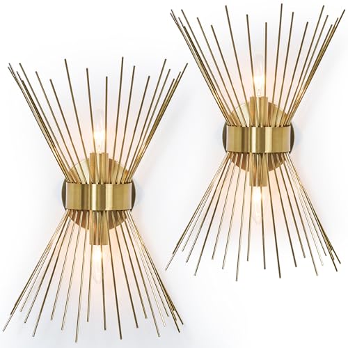 2-Light Bathroom Vanity Light, Mid-Century Modern Starburst Gold Wall Sconce, Bedside Electroplate Brass Wall Light Fixture, Wall Lamp for Powder Room Bedroom Bathroom Hallway Entryway, Set of Two
