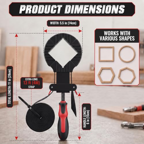 Image of Feekoon 2 Pack 13 FT Belt Band Strap Clamps for Woodworking, Quick Release Band Clamps with 4 Corner Claws, Thick and Sturdy Belt Clamp, Adjustable Picture Frame Clamp Tool (Red)