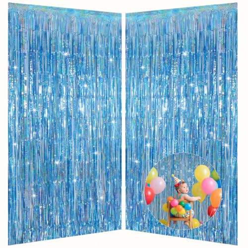 Image of Light Blue Metallic Streamer Backdrop with Glitter Tinsel,3.28 x 6.56ft Foil Fringe Curtains for Gender Reveal & Ocean Theme Wall Hanging Party Supplies, Birthday /Wedding /Photoshoot