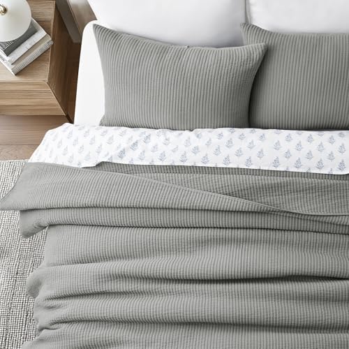 Image of EVERGRACEHOME Cotton Coverlet Set King Size 3 Pieces, Lightweight Soft Ribbed Matelasse Bedspread Quilt Set, Cozy Oversized Quilted Bedding Set with 2 Pillow Shams for All Seasons, Fog Gray