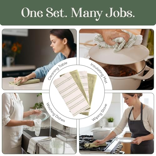 Image of Kitchen Towels, Cotton Hand Towels, Sage Green and Cream Ribbed - Mini Weaved Stitched Set of 4 Absorbent Hand Drying Cloths, 18 x 28 Kitchen Linens