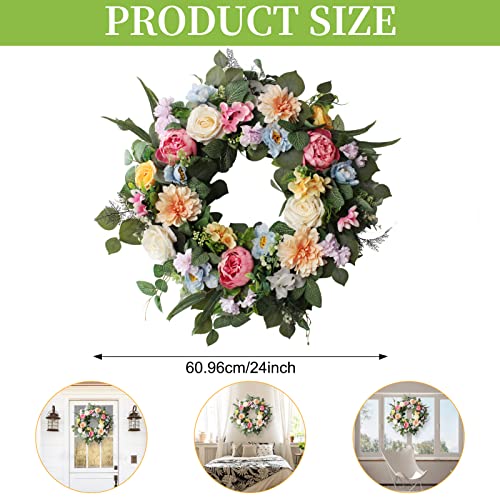 24 Inch Spring Summer Wreaths For Front Door, Spring Door Wreaths,Floral Wreath With Hydrangea Peony Wreath,Artificial Eucalyptus Green Leaves Farmhouse Wreaths For Outside Home Decor (Multicolor) #TOP4