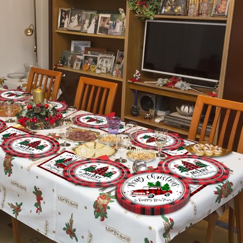 GREHUMOR 60Pcs Truck Christmas Plates and Napkins Red Truck Xmas Party Supplies Buffalo Plaid Xmas Paper Plates Napkins for Merry Christmas Party Supplies Serve 20 – Image 3
