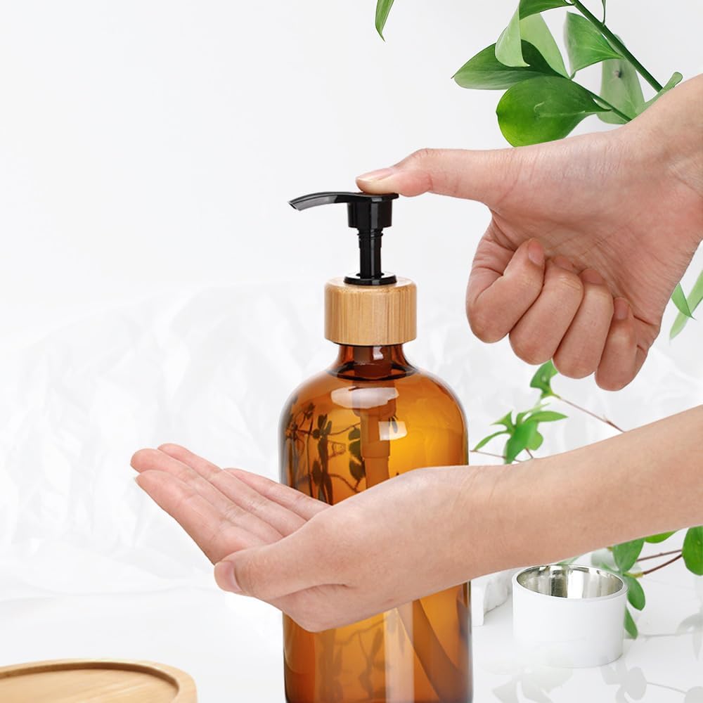 16 Oz Amber Glass Soap Dispenser with Bamboo Tray, Reusable for Hand and Dish Soap, Farmhouse Decor for Kitchen & Bathroom (2-Pack) - Image 2