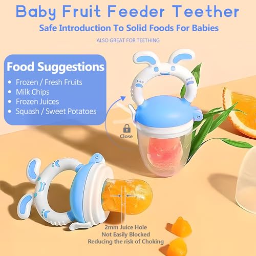 Image of WAJIAYON Baby Fruit Feeder Pacifier- 3 Pack | Infant Food Feeder Pacifier & Baby Food Dispensing Spoon | Mesh Fresh Fruit Teethers for Babies | Shower Gifts for Boys and Girls (Sky Blue)