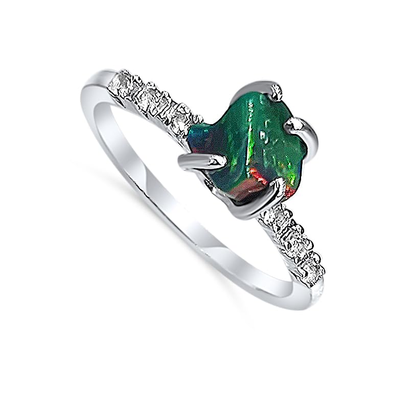 Real Raw Black Opal Dainty Ring white Gold Birthstone gift for sister daughter niece Christmas birthday Uniquelan Jewelry (black-opal, 8)